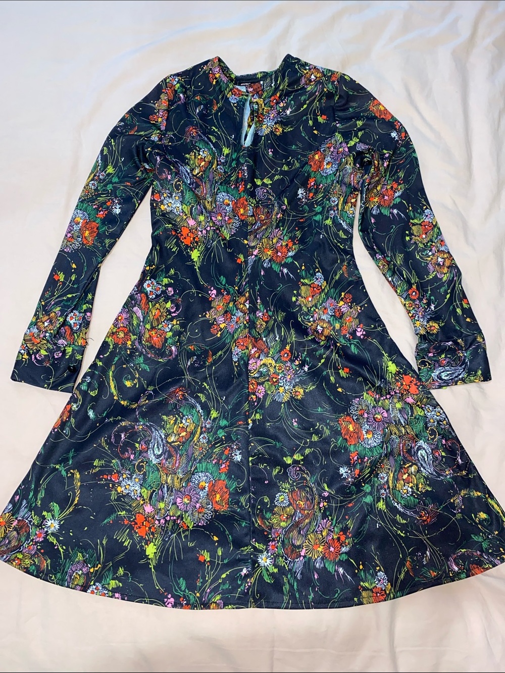 Vintage Floral Fit-and-Flare Long Sleeve Dress - Black with Multicolor Bouquet